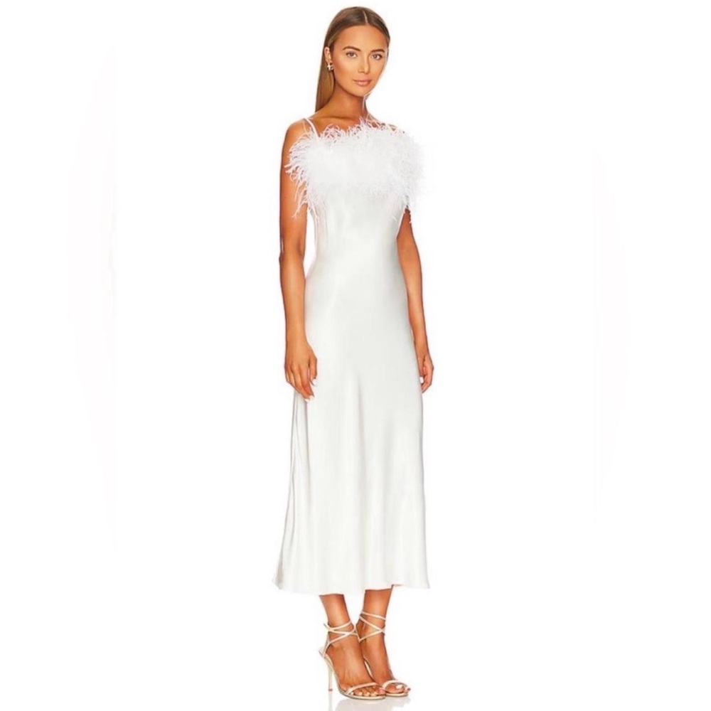 NWT Sleeper Boeheme white maxi dress w feathers sz M